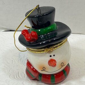Christmas Frosty Snowman Hinged Lid Trinket Box Black Top Hat Bird Scarf3.5"Tall